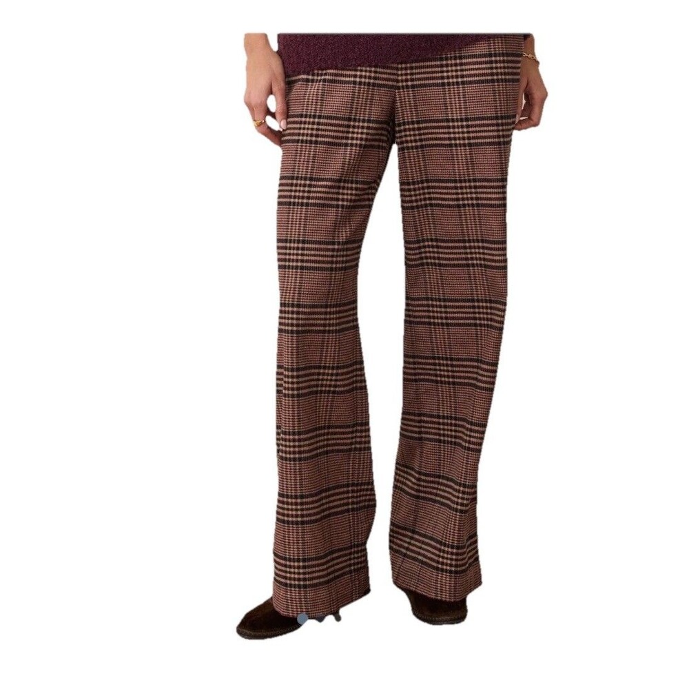 Marine Layer Allison Moleskin Trouser Brown Wide Leg Pull On Pants Plaid SMALL S